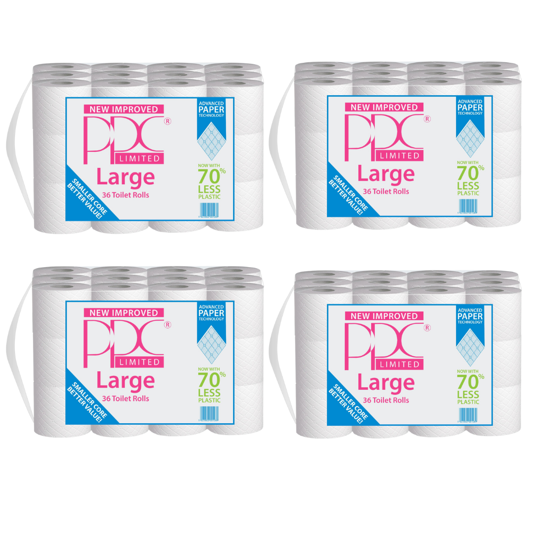 PPC 144 Rolls Large 2ply 12m Bathroom Luxury Quilted Toilet Rolls (4*36pk) PPC 144 Rolls Large 2ply 12m Bathroom Luxury Quilted Toilet Rolls (4*36pk)